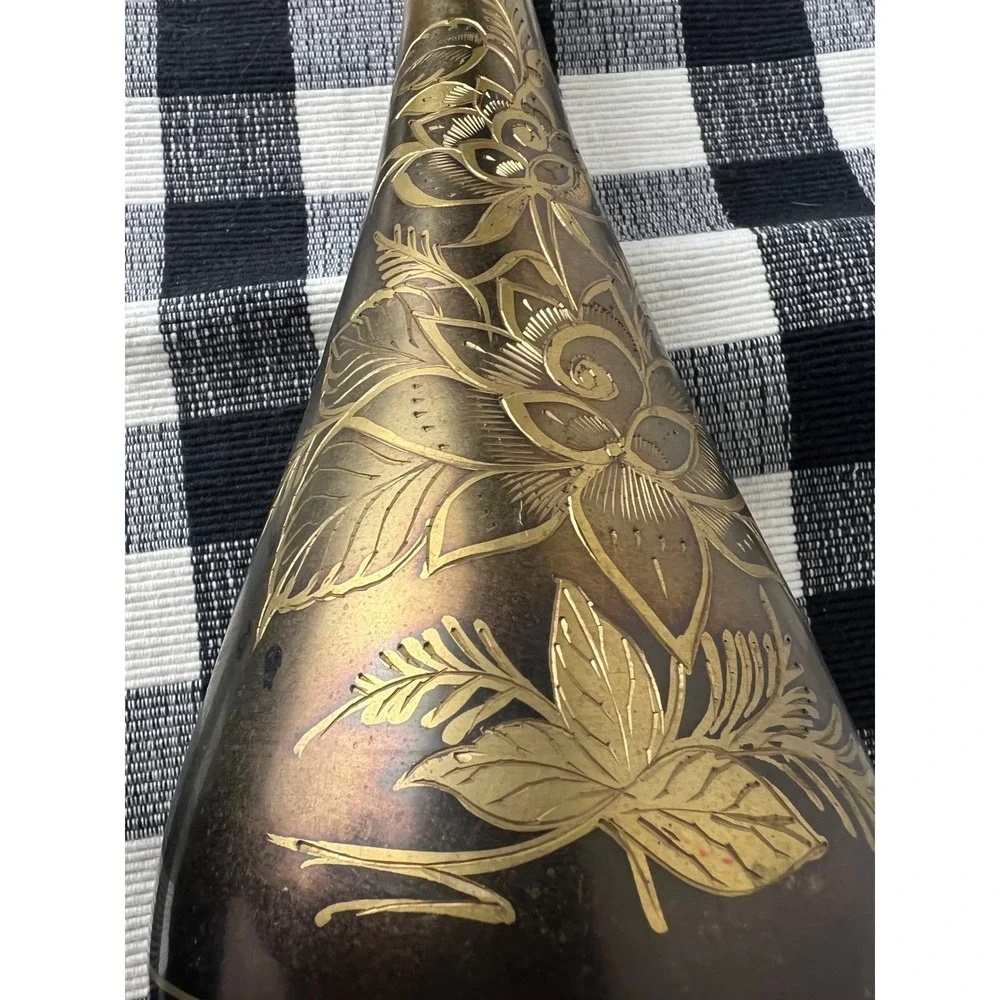 Vintage Etched Brass Floral Vase Tall Bud Vase Gold Tone Boho Decor 15